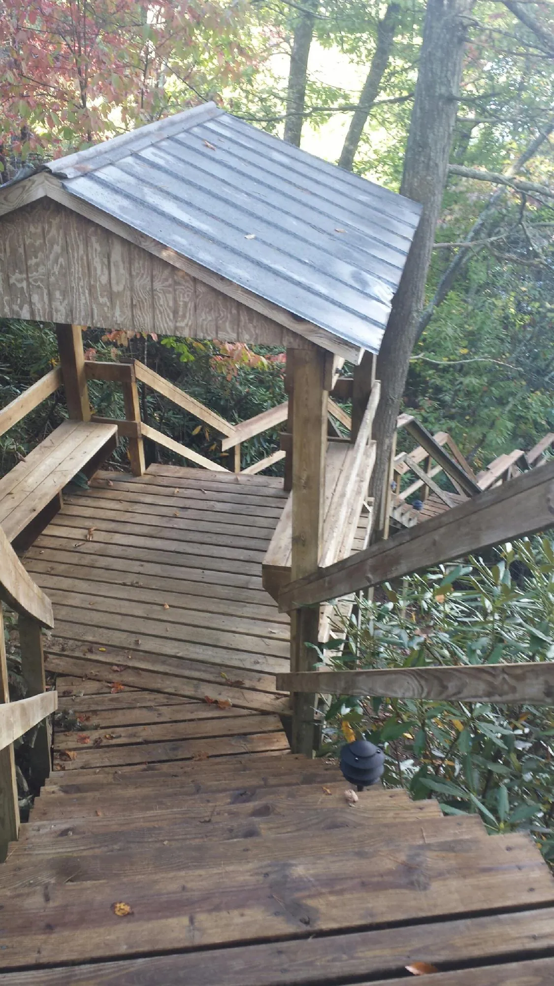 Metal roofed shelter over wooden steps on a wooded walkway — Skylight Repair & Installation work by our crew in Laguna Woods